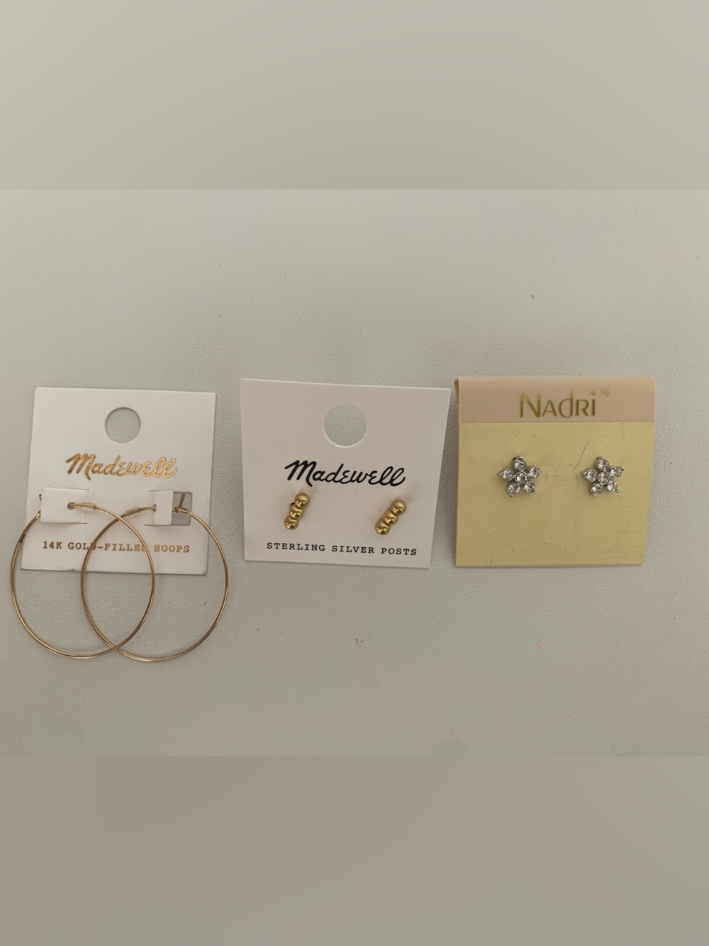 Madewell Gold Hoop and Bead Stud Earrings. Nadri cubic zirconia studs.